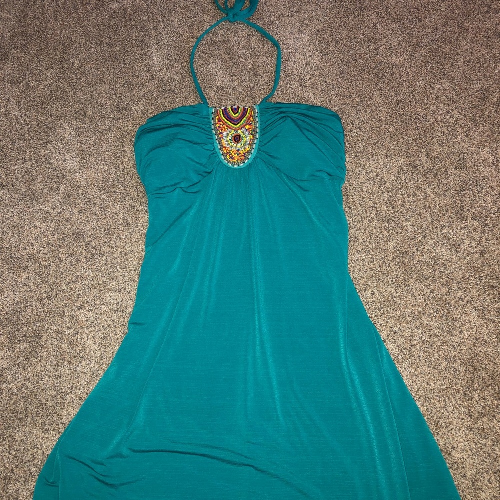 Turquoise beaded dress with halter tie